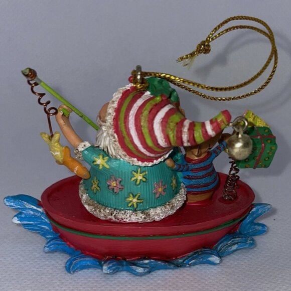 Vintage Beachy Fishing Santa Claus & Reindeer In a Boat Christmas Ornament - Picture 2 of 5